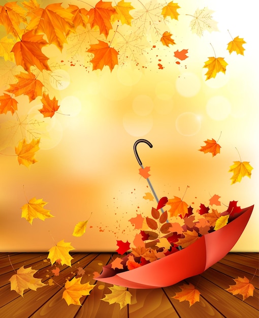 Vecteur bonjour un automne d'or fond d'automne rétro avec des feuilles colorées et un parapluie rempli de feuilles illustration vectorielle