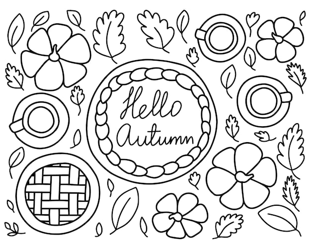 Bonjour Automne Récolte Dîner Vue De Dessus De Table Coloriage Citrouilles Et Tarte à La Citrouille Sur Table Avec Illustration Vectorielle De Plats