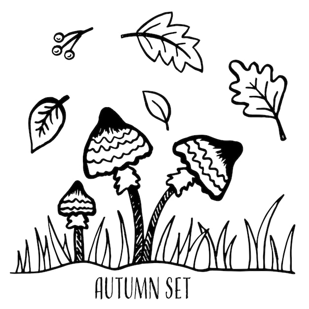 Bonjour Automne Symboles de récolte d'automne Ensemble d'éléments d'automne laisse des baies et des champignons Croquis dessinés à la main Illustration vectorielle dans un style doodle