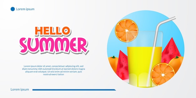 Vecteur bonjour bannière d'été avec boisson de jus de fruits tropicaux à l'orange et à la pastèque