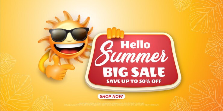 Vecteur bonjour bannière de grande vente d'été avec illustration de caractère soleil