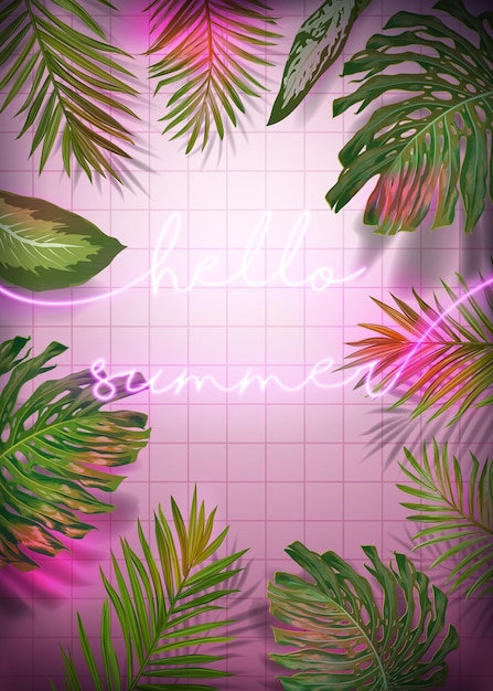 Bonjour Bannière De Typographie D'été Avec Des Feuilles De Palmier. Fond D'enseigne Au Néon D'été. Affiche Lumineuse Tropicale Avec Des Plantes Exotiques Pour La Publicité. Illustration Vectorielle