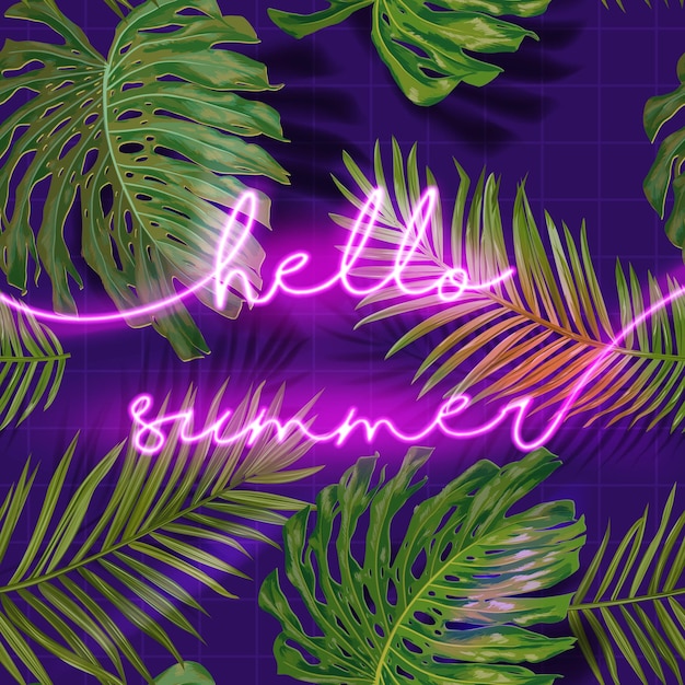 Bonjour bannière de typographie d'été avec des feuilles de palmier. Fond d'enseigne au néon d'été. Affiche lumineuse tropicale avec des plantes exotiques pour la publicité. Illustration vectorielle