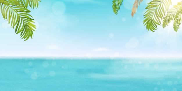 Bonjour le concept de vacances design bannière vecteur été. Poster Paysage Seashore Resort Vue avec océan brillant, eau de mer avec soleil éclatant, feuilles de palmier tropical.