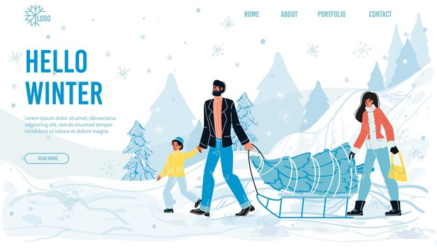 Bonjour Conception De Vecteur De Page De Destination D'hiver Avec Une Famille Heureuse Et Un Enfant Portant Un Sapin Pour Noël Sur Un Traîneau