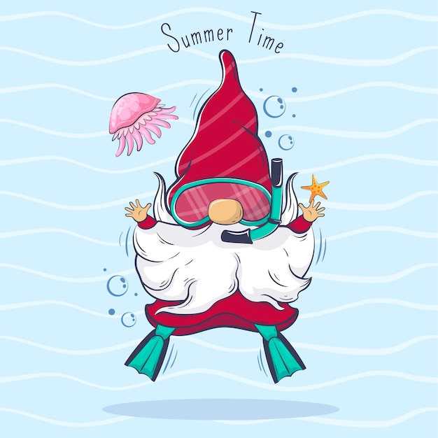 Bonjour dessin animé mignon gnome d'été plonge autour des méduses Lettrage de l'heure d'été
