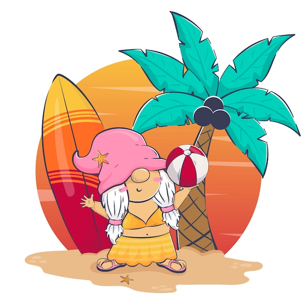 Vecteur bonjour dessin animé mignon gnome fille jouant au ballon sur la plage contre le coucher du soleil et la planche de surf