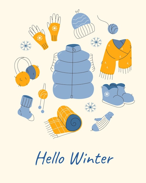 Bonjour, Dessin De Carte De Vacances D'hiver Avec Des Vêtements à Tricoter Chauds Et Des Flocons De Neige