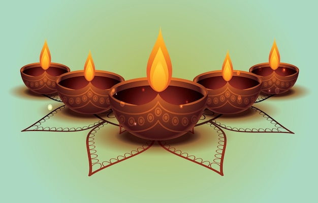 Bonjour Diwali papier peint blanc festif avec Diya et des éléments floraux à l'arrière-plan de la célébration