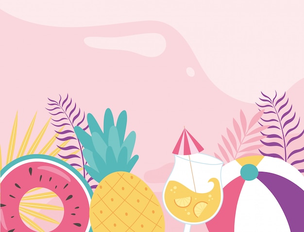 Bonjour L'été, Feuilles Tropicales Feuillage Flottant Ananas Cocktail Ball Illustration