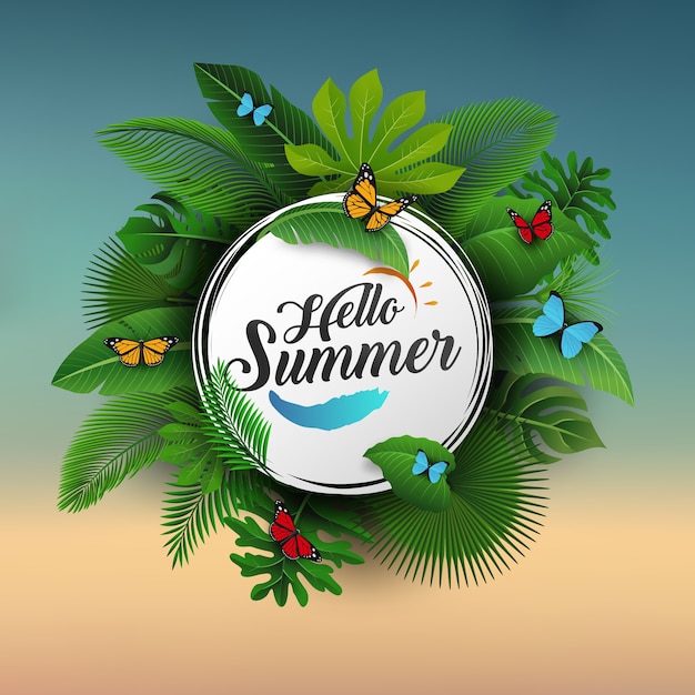 Bonjour l'été signe avec des feuilles tropicales et fond bleu