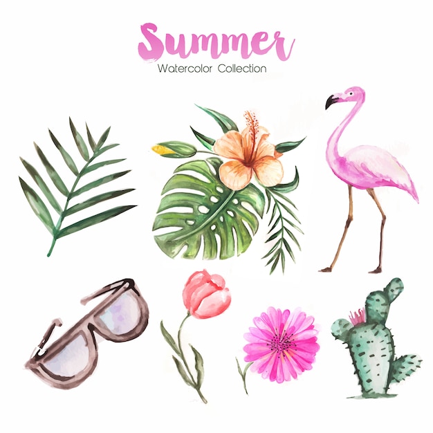 Vecteur bonjour fond d'été avec des plantes et flamingo dans un style aquarelle