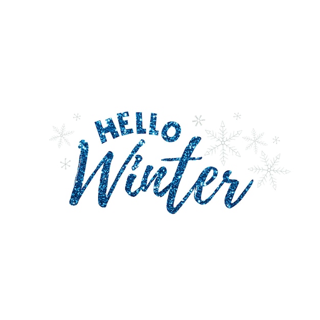 Vecteur bonjour hiver 2022. lettrage scintillant brillant avec des flocons de neige sur fond blanc. illustration vectorielle d'hiver.