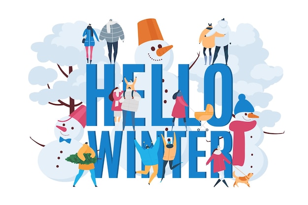 Vecteur bonjour hiver fond vector illustration neige saison signe bannière homme femme personnage en énorme