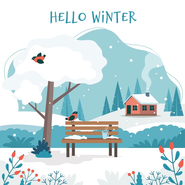 Vecteur bonjour l'hiver, paysage avec joli banc