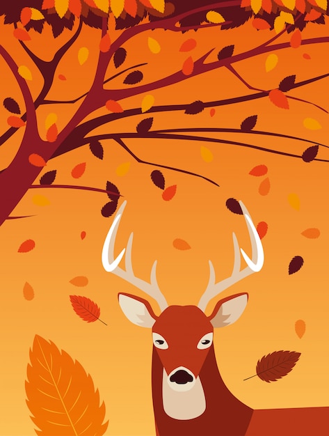 Vecteur bonjour illustration d'automne avec cerf animal et arbre