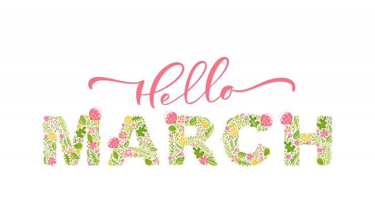 Vecteur bonjour mars lettrage de calligraphie manuscrite. vecteur de printemps avec des fleurs et des feuilles