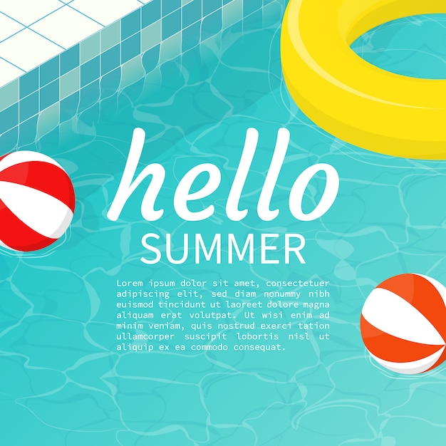Bonjour piscine d&#39;été ballon de plage, modèle de texte