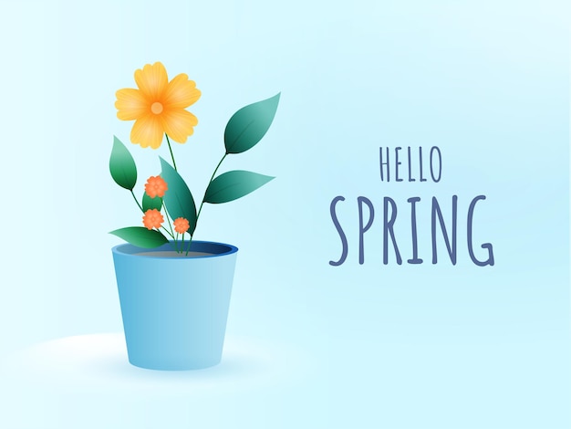 Vecteur bonjour police de printemps avec pot de fleur réaliste sur fond bleu brillant