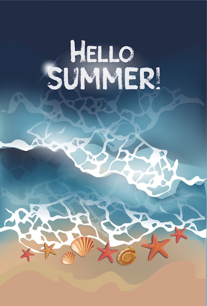 Vecteur bonjour, texte d'été sur la texture de l'eau et la plage. vague océanique, sable et étoiles de mer. ouverture de la saison estivale.