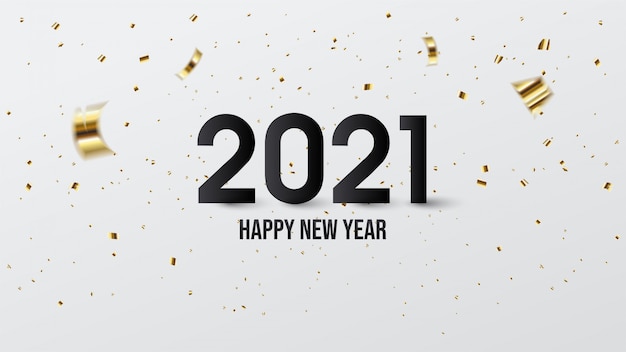 Bonne année 2021, avec des illustrations de chiffres noirs et de morceaux de papier doré.