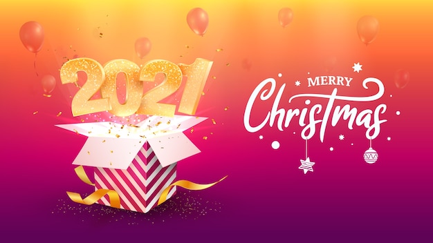 Bonne Année 2021. Joyeux Noël. Coffret Cadeau Avec Numéros D'or