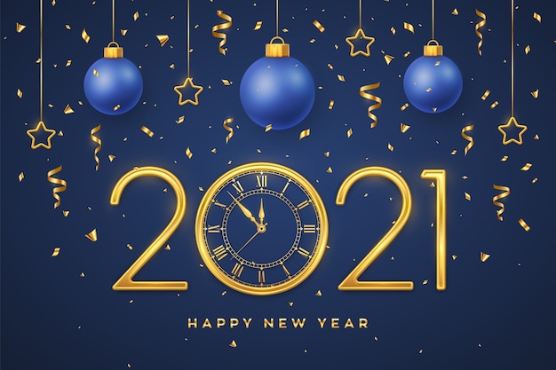 Bonne Année 2021. Numéros Métalliques Dorés 2021 Et Montre Avec Compte à Rebours Minuit.