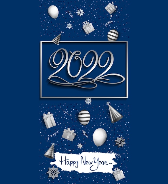 Vecteur bonne année 2022 couleur argent avec élément de fête fond bleu isolé pour l'événement de célébration