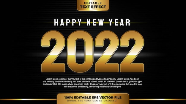 Vecteur bonne année 2022 effet de texte modifiable en or 3d