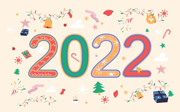 Bonne année 2022 avec des éléments de Noël mignons. Illustration vectorielle