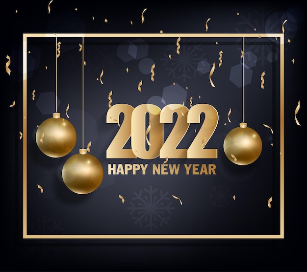 Bonne Année 2022 Fond. Chiffres Brillants Dorés Avec Des Confettis Et Des Rubans Sur Fond Noir. Conception De Carte De Voeux De Vacances.