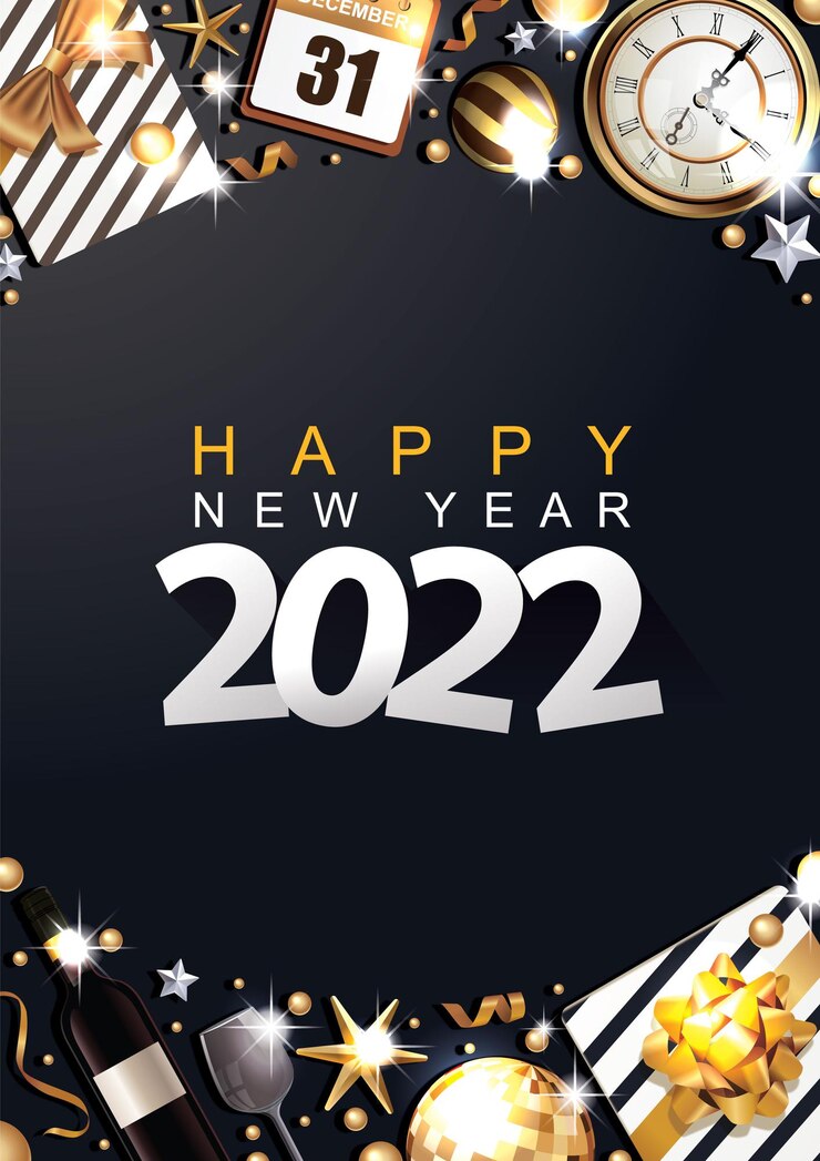 Vecteur bonne année 2022 lieu de couleurs or et noir pour le texte boules de noël star verre de champagne écorcheur