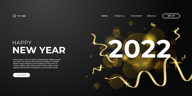 Bonne année 2022 moderne et modèle de fond web de page de destination joyeux Noël avec des ballons 3d noirs et or, un ruban et des paillettes. Modèle de modèle de bannière de conception graphique abstraite de vecteur.