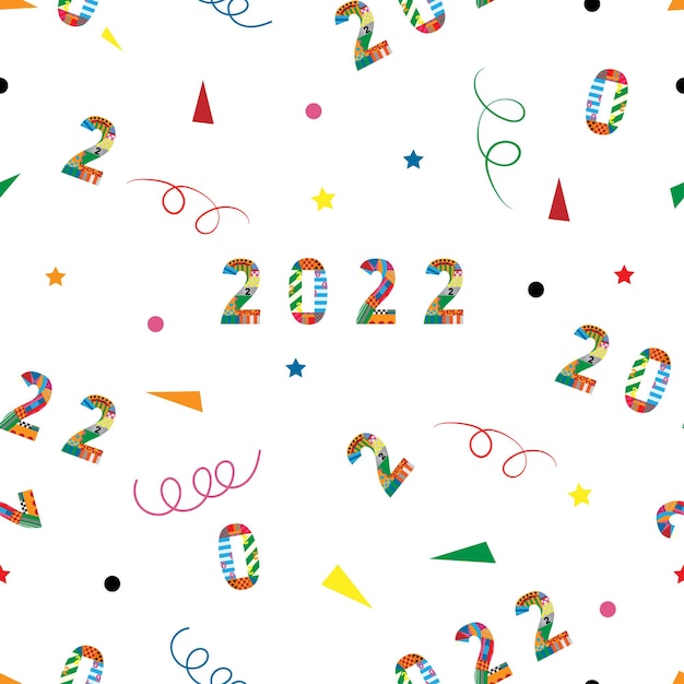 Bonne année 2022 ou Noël Modèle sans couture avec une forme géométrique minuscule, tourbillonnant et étoile sur fond blanc, modèle de conception d'élément mignon pour le nouvel an ou le fond de papier d'emballage de Noël