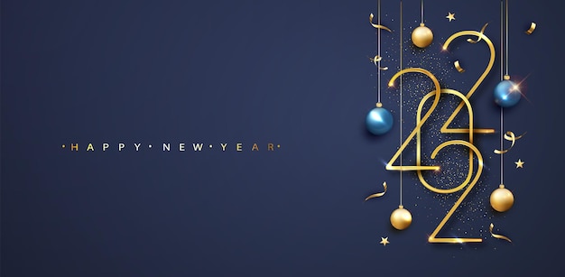 Vecteur bonne année 2022. nombres d'or 2022 avec boules et confettis sur fond bleu. modèle de carte de voeux ou de bannière de nouvel an. vecteur