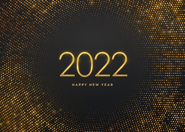 Bonne année 2022. Numéros de luxe métalliques dorés 2022 sur fond chatoyant. Signe réaliste pour carte de voeux. Toile de fond éclatante avec des paillettes. Affiche ou bannière festive. Illustration vectorielle.
