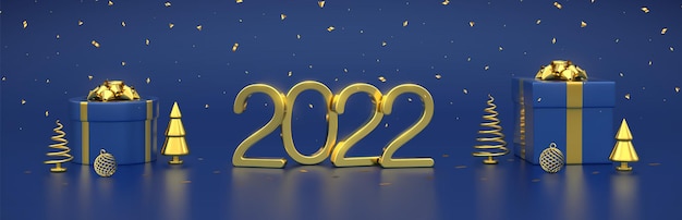 Vecteur bonne année 2022. numéros métalliques dorés 3d 2022 avec coffrets cadeaux, pin en forme de cône métallique doré, épinettes, boules, confettis sur fond bleu. bannière de noël, en-tête, pied de page. illustration vectorielle.