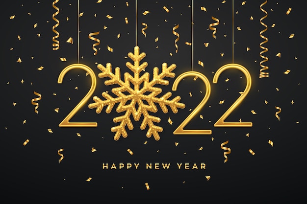 Vecteur bonne année 2022. numéros métalliques dorés suspendus 2022 avec flocon de neige brillant et confettis sur fond noir. modèle de carte de voeux ou de bannière de nouvel an. décoration de vacances. illustration vectorielle.