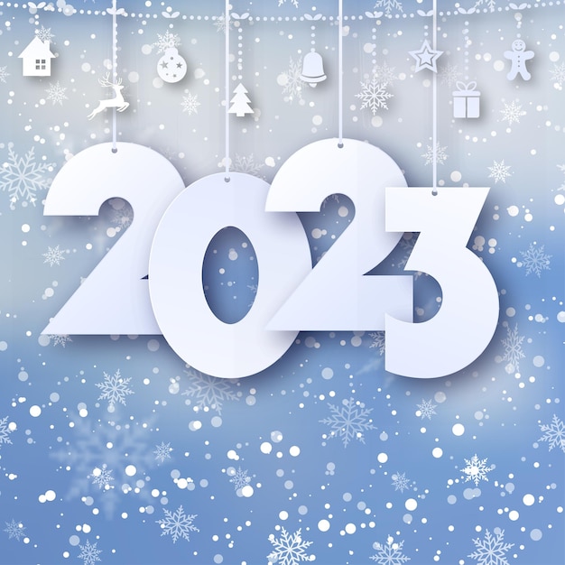 Bonne année 2023 et carte de Noël avec chute de flocons de neige et texte 2023