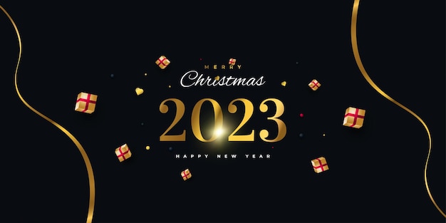 Bonne année 2023 avec des chiffres d'or et une boîte-cadeau réaliste isolée sur fond noir Conception de nouvel an pour affiche de bannière et carte de voeux