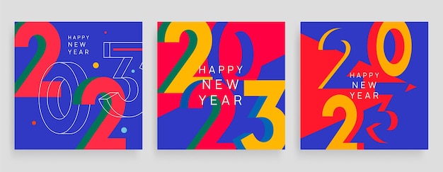 Bonne année 2023 composition colorée pour les cartes de médias sociaux. Logo de typographie de vacances à la mode 2023