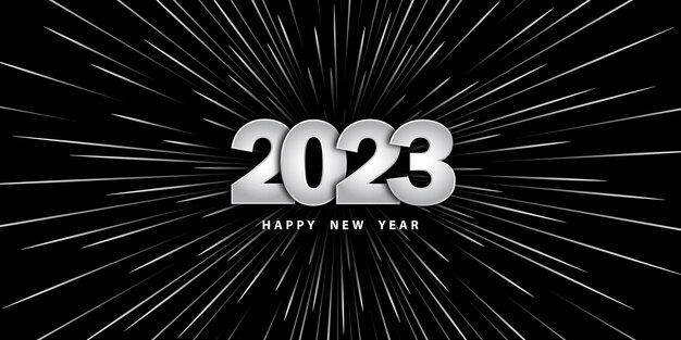 Bonne année 2023. Fond noir avec des chiffres argentés et des rayons de lumière de mouvement