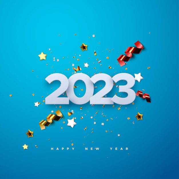 Vecteur bonne année 2023 illustration de vacances du numéro 2023 découpé en papier avec des particules de confettis étincelants