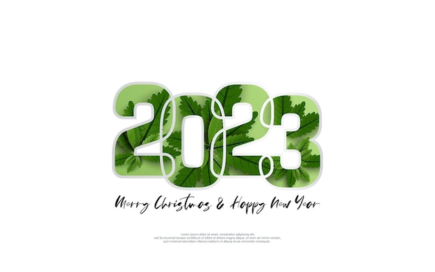 Bonne année 2023 et joyeux noël Design feuilles vertes à l'intérieur du numéro sur fond blanc