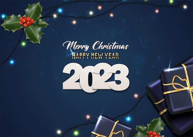 Bonne Année 2023. Joyeux Noël. Modèle De Carte De Voeux, Bannière, Flyer. Motif Bleu Foncé