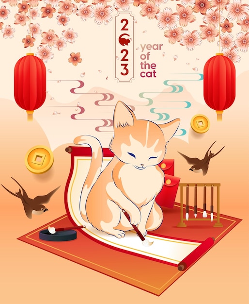 Vecteur bonne année 2023, nouvel an chinois, année du chat, bonne année lunaire 2023, illustration de chat