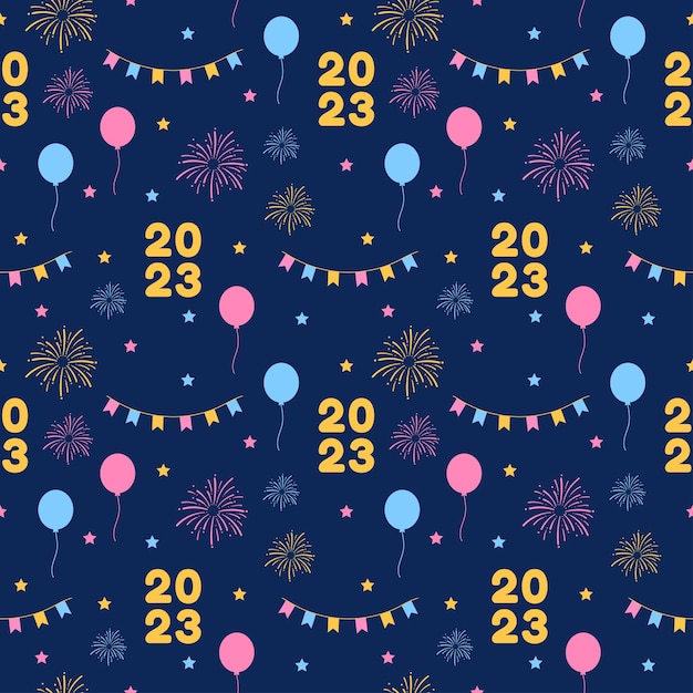 Bonne année 2023 Seamless Pattern Design avec décoration en illustration plate de dessin animé dessiné à la main