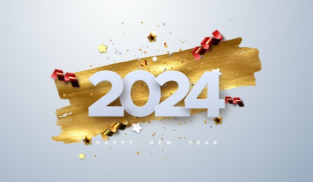 Vecteur bonne année 2024 illustration vectorielle de vacances de numéros découpés en papier avec des particules de confettis scintillantes étoiles dorées et banderoles bannière d'événement festif élément de décoration pour la conception d'affiches ou de couvertures