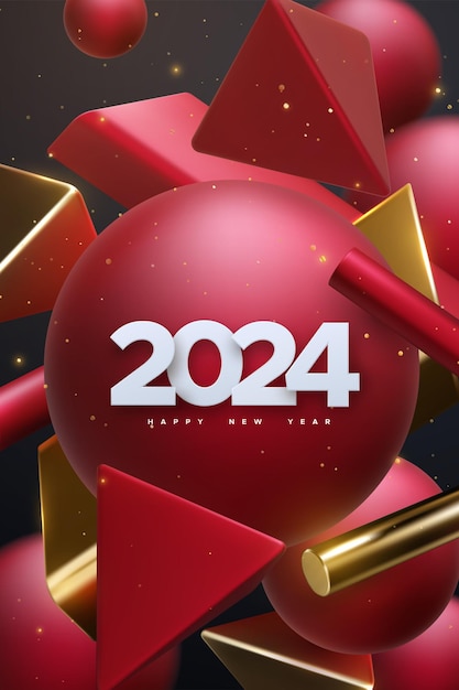 Vecteur bonne année 2024 illustration vectorielle de vacances des numéros de papier blanc 2024 et des formes géométriques 3d abstraites rouges et dorées affiche festive ou conception de bannière invitation à la fête nye