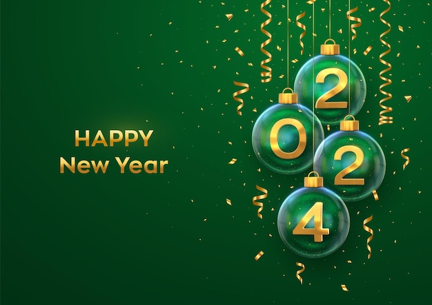 Bonne Année 2024 Numéros 3d En Métal Doré 2024 En Boule De Verre Suspendus Boules De Noël Et Confettis Scintillants Carte De Voeux Vacances Noël Et Nouvel An Affiche Bannière Flyer Illustration Vectorielle